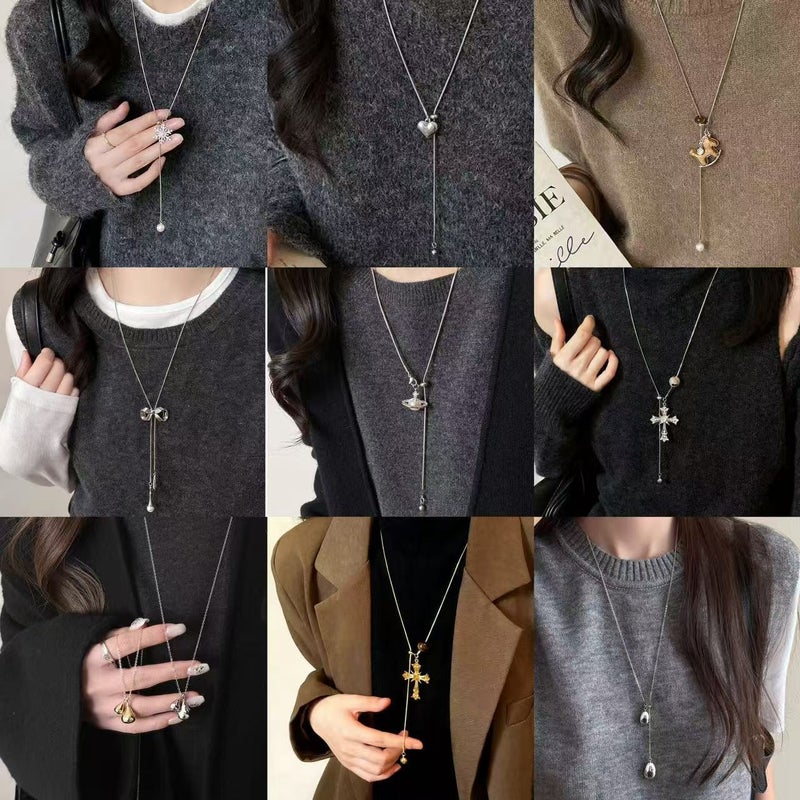 Pearl Saturn Pendant Necklace With A High-End Feel, Adjustable Pull Chain, Titanium Steel Sweater Chain Accessory For Women - Image 2